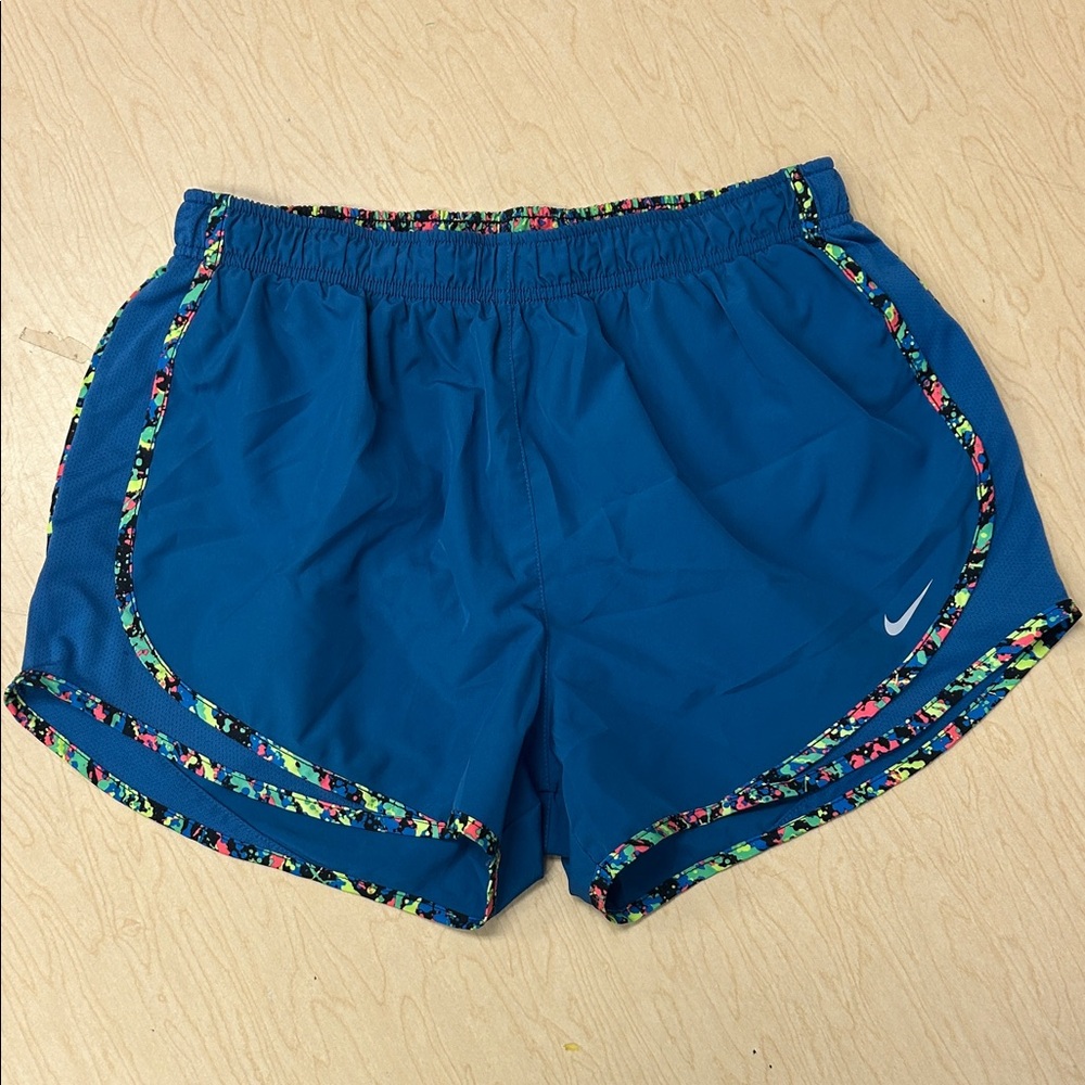 Nike Women's Teal-Blue Athletic Shorts with Neon Multicolor Trim Size L